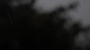 Yağmur damlaları Pencere camına sıçramış, camlara vuran profesyonel bir yağmur klibi, bulanık şekiller, şehir yağmur filmi veya sıvı ritim belgeseli için ideal desenler.