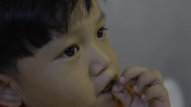 Küçük Çocuk Çilek Yiyor, kırmızı çilekleri ısıran bir bebeğin profesyonel belgeseli, küçük dişlerdeki tohumlar, beslenme anı filmi için ideal.