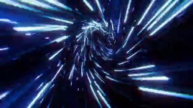 Neon Light Trails Tunnel, fütüristik bilim kurgu filmi ya da siber sanat belgeseli için, neon ışık yollarının parıldayan mavi çizgilerini gösteren büyüleyici bir 3 boyutlu hareket videosu..