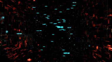 Dijital Veri Tüneli, siber teknoloji ya da fütüristik belgesel için sonsuz hızda ilerleyen dijital veri tünelinin, parlayan ikili akışların ve neon devrelerin gösterişli bir görüntüsü..