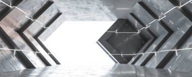 Soyut mimari, metal, beton, 3D resim, modern fütüristik tasarım.