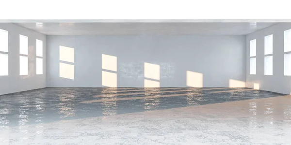 Leerer Raum mit Betonboden und diagonalen Schatten, die vom Sonnenlicht geworfen werden 3D-Renderillustration — Stockfoto