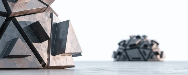 Αφηρημένη φουτουριστική αρχιτεκτονική 3d καθιστούν εικονογράφηση με σκυρόδεμα μεταλλική επιφάνεια — Φωτογραφία Αρχείου