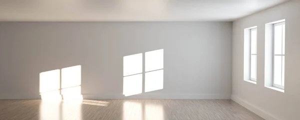 Αφηρημένο λευκό δωμάτιο με τα παράθυρα διάχυτο φωτισμό μοντέρνα αρχιτεκτονική σχεδιασμό με ξύλινο πάτωμα 3d καθιστούν εικονογράφηση — Φωτογραφία Αρχείου