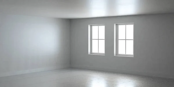 Αφηρημένη λευκή αρχιτεκτονική άδειο δωμάτιο με παράθυρα και σκυρόδεμα 3d πάτωμα καθιστούν εικονογράφηση — Φωτογραφία Αρχείου