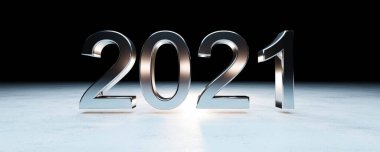 Yeni yıl 2021 rakamları koyu arkaplan üzerinde metal çelik gölgeli yansıtmalı 3D çizim