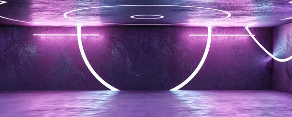 Бетонна промислова стіна 3d візуалізація з футуристичним ретро-дизайном кіберпанку з синім і фіолетовим неоновим освітленням — стокове фото