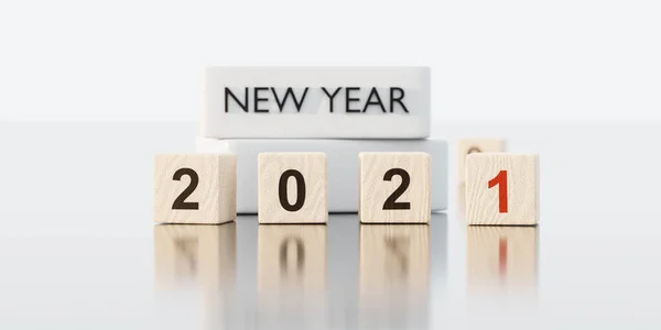 2021 happy new year celebration concept numbers on wooden cubes on bright neutral office background 3d render illustration — Stock Photo, Image