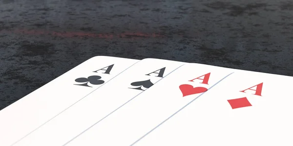 Four aces card game on dark concrete surface 3d render illustration