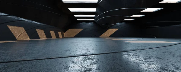 Elvont futurisztikus sötét ipari csarnok betonfelülettel 3d render illusztráció — Stock Fotó