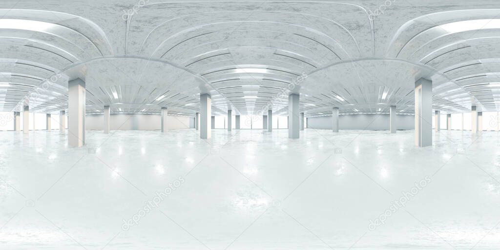 360 degree equi rectangular panorama of white bright office building 3d render illustration