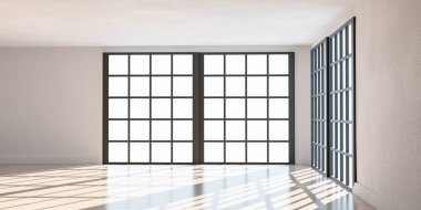 Büyük cam kapılı, parlak güneşli, ahşap zemin aydınlatmalı, üç boyutlu resimli oda.