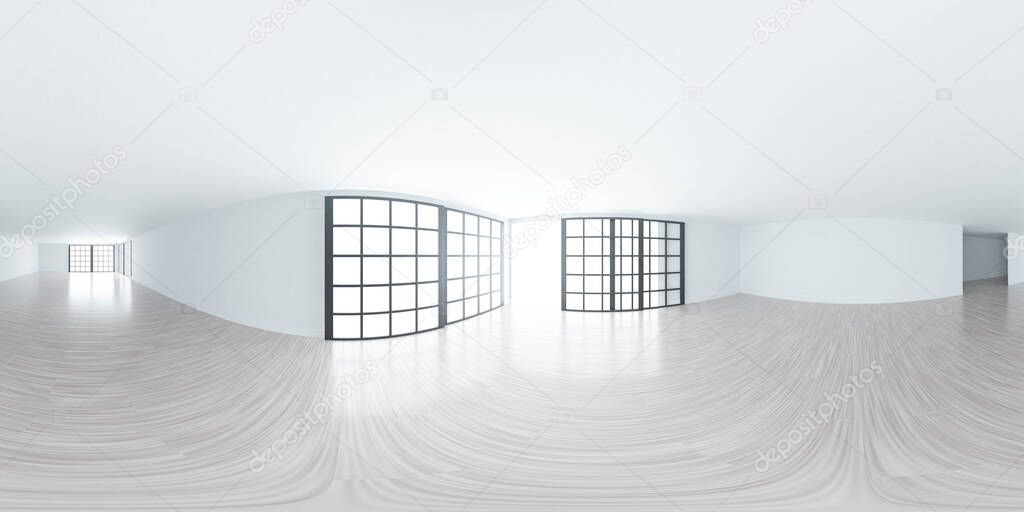 empty white cozy living loft room with bright style laminate wooden floor 3d render illustration
