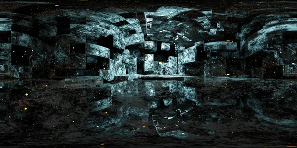 Αφηρημένη εγκαταλελειμμένη αίθουσα βιομηχανία και λαμπερό σωματίδια 360 μοίρες πανόραμα 3d καθιστούν εικονογράφηση με equi ορθογώνια προβολή — Φωτογραφία Αρχείου