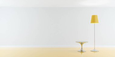 boş oda sarı lamba ve minimalist cilalı çelik masa 3D çizim