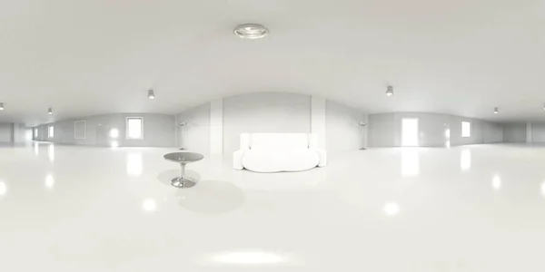 360 derece oturma odası VR HDR tarzı panorama modern iç koltuk, masa ve lambalar 3D resimleme