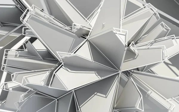 Weiß und grau gefärbtes geometrisches Objekt mit Reflexionsfläche und weißem Drahtgitter 3D-Darstellung — Stockfoto
