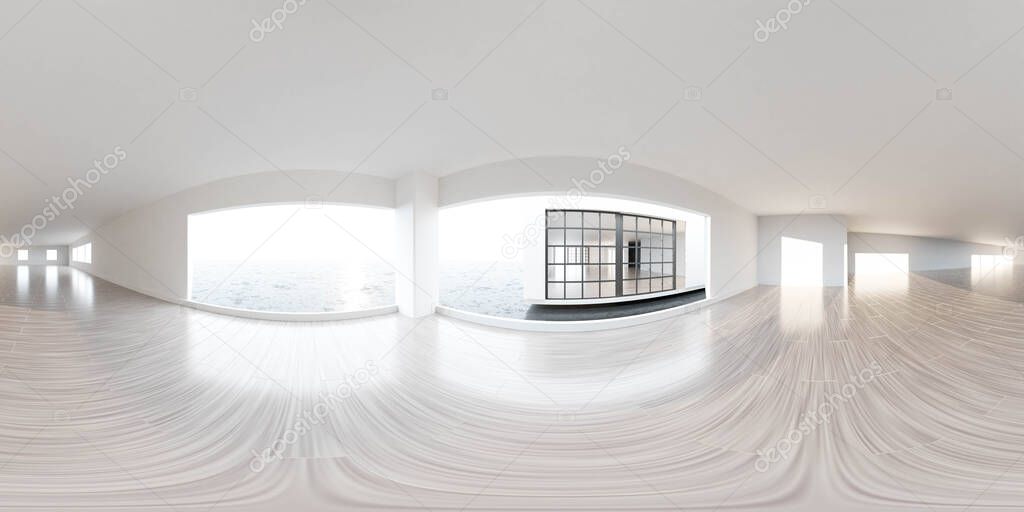 full 360 degree panorama of white living loft room with wooden floor 3d render illustration
