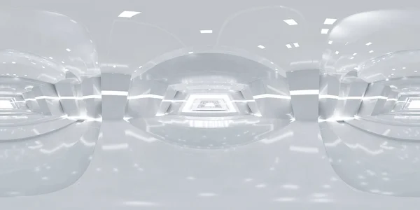 360 μοίρες πανόραμα αφηρημένη λευκή τεχνολογία σχεδιασμός σύγχρονη φουτουριστική αρχιτεκτονική κτίριο διάδρομο 3d καθιστούν εικονογράφηση — Φωτογραφία Αρχείου