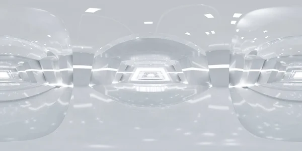 Soyut beyaz teknolojinin 360 derecelik panoraması modern fütüristik mimari bina koridoru 3D resimleme