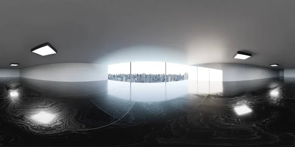 Modern, beyaz, boş iş yeri, daire iç dekorasyonu 360 derece panorama, eşdörtgen 3D çizim.