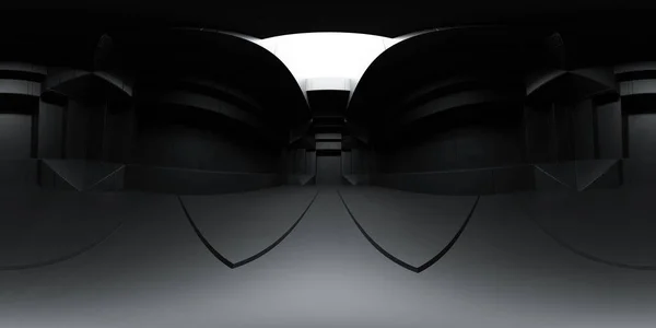 Abstrakt mörk 360 graders panorama av minimalistisk arkitektur byggnad interiör 3d render illustration — Stockfoto