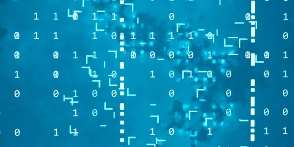 Бинарные данные, символизируемые числами ноль и один с случайным кодом в синем сияющем фоне технологии 3d рендеринг иллюстрации — стоковое фото