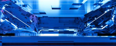 abstarct futuristik bilim kurgu uzay istasyonu 3d mavi ışıklandırmalı çizim