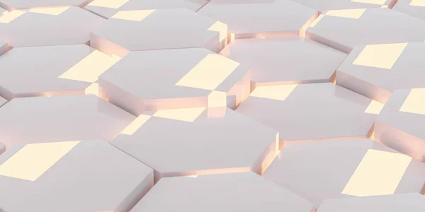 Abstrakt vit geometrisk hexagonal former 3d render illustration med orange ljus och reflektioner — Stockfoto