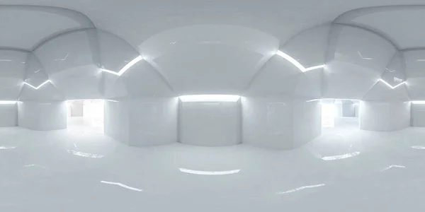 360 πανόραμα του κενού αφηρημένο λευκό κτίριο εσωτερικό με σκυρόδεμα επιφάνεια 3d καθιστούν εικονογράφηση — Φωτογραφία Αρχείου