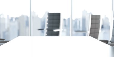 Arkaplanda beyaz masa üstü ve bulanık ofis 3D resimleme