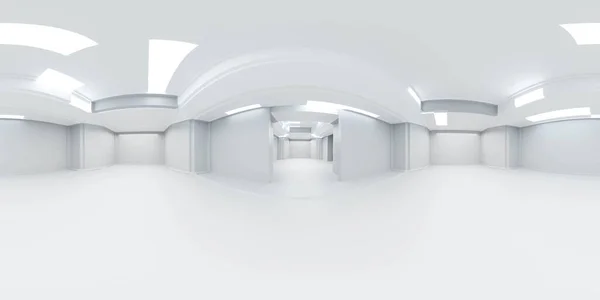 360 μοίρες πανόραμα του λευκού αφηρημένη φουτουριστικό κτίριο εσωτερικό 3d καθιστούν εικονογράφηση — Φωτογραφία Αρχείου