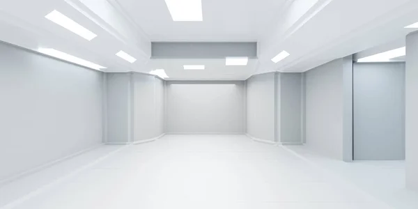 Φουτουριστικό πουριτανικό σύγχρονο λευκό κτίριο εσωτερικό διάδρομο 3d καθιστούν εικονογράφηση — Φωτογραφία Αρχείου