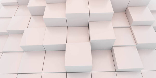 Abstract white cube blocks 3d render illustration central perspective with orange lighting modern design minimalism