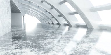 Parlak beton yüzey koridoru 3D resimli soyut beyaz havaalanı salonu