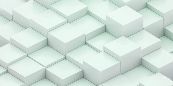 Abstract white cubes minimalistic pattern 3d render illustration with green lighting modern design minimalism concept