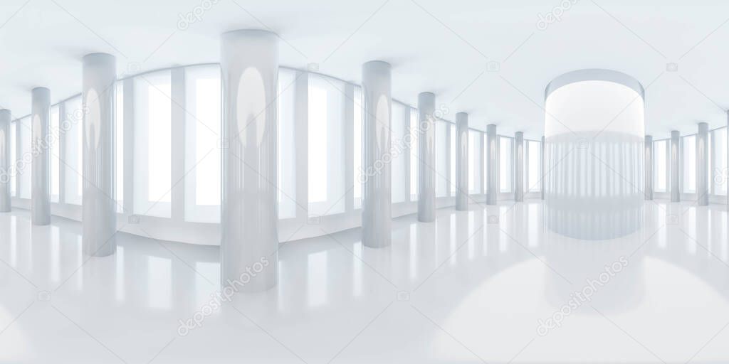 360 degree panorama view of white building hall architecture 3d render illustration hdr vr style