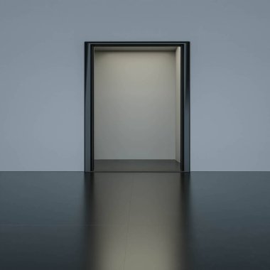 Ilımlı, sade anahtar aydınlatma ve koridor modern mimari 3D resimli karanlık odada soyut bir kapı.