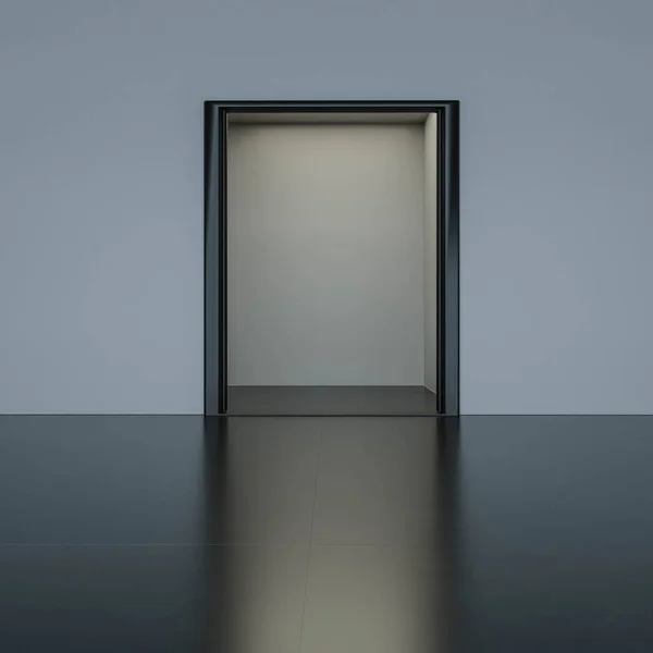 Elvont ajtó sötét szobában mérsékelt meleg alacsony kulccsal világítás és folyosó modern építészet 3d render illusztráció — Stock Fotó