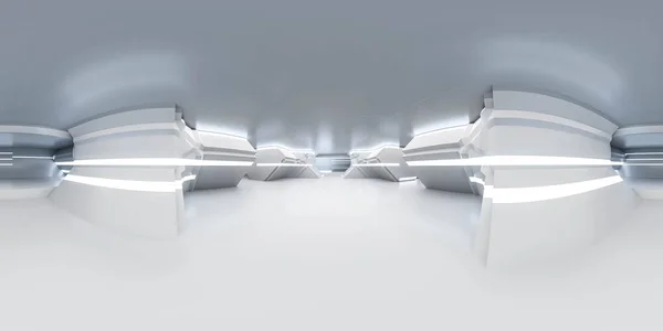 360 derecelik fütüristik soyut bilimsel teknoloji binası manzarası mavi ışıklandırmalı 3D resimleme