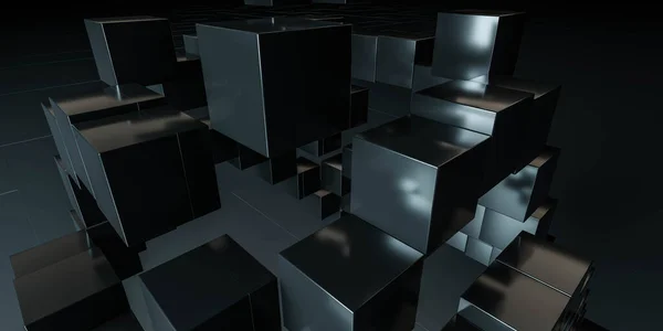 Abstract minimalistic design black cubes arranged in space on black background 3d render illustration — Stock Photo, Image