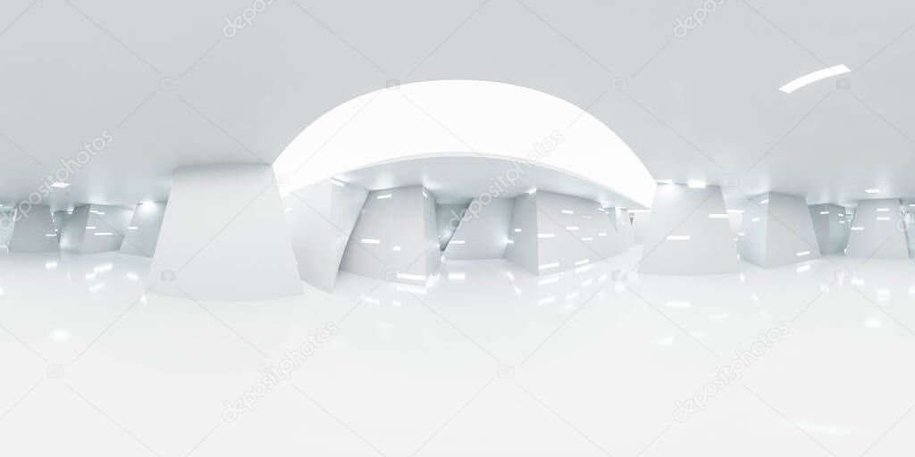360 degree panorama view of empty white futuristic building interior technology design 3d render illustration hdr vr style
