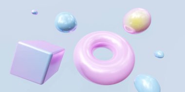 mavi arkaplan üzerinde renkli pembe ve mavi yuvarlak geometrik şekiller 3d çizim