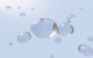 Su uzayda mavi gökyüzü arkaplan 3d görüntüleme ile akan kabarcıklar