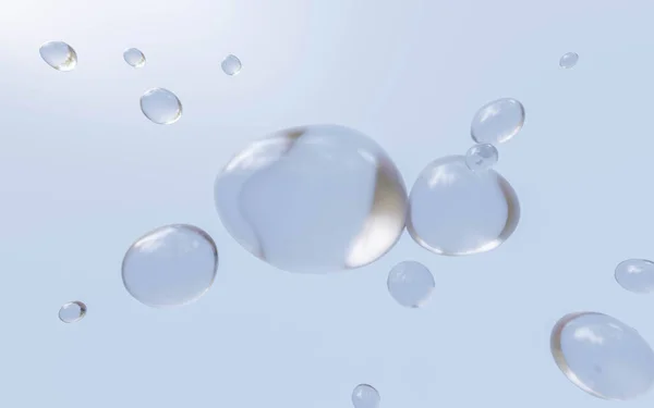 Burbujas de agua en el fluir en el espacio con fondo de cielo azul 3d render illustration — Foto de Stock