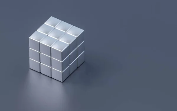 Zilver staal chroom kubus op donkere achtergrond 3d weergave illustratie — Stockfoto