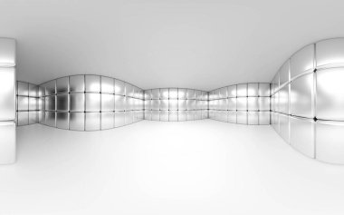 Metalik yüzeyi ve 3D yansıması olan boş beyaz odanın 360 derecelik panorama görüntüsü