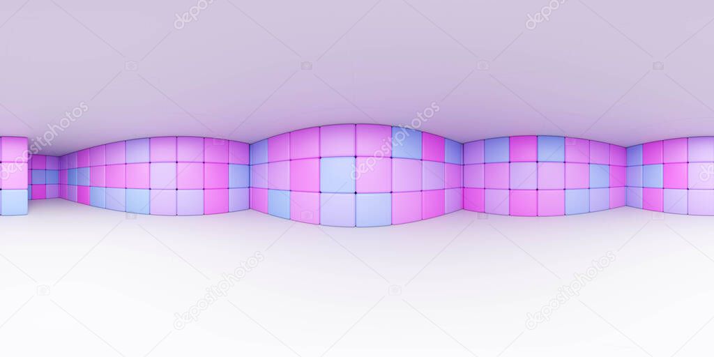 360 degree panorama view of abstract white violet and pink modern empty room 3d render illustration