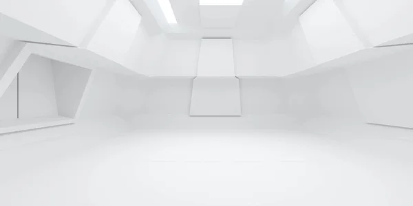 Nowoczesny biały futurystyczny pokój technologii budowy wnętrza 3d renderowania ilustracji — Zdjęcie stockowe