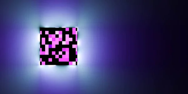 square block cube with pixel optic and glowing neon violet lights on dark background 3d render illustration